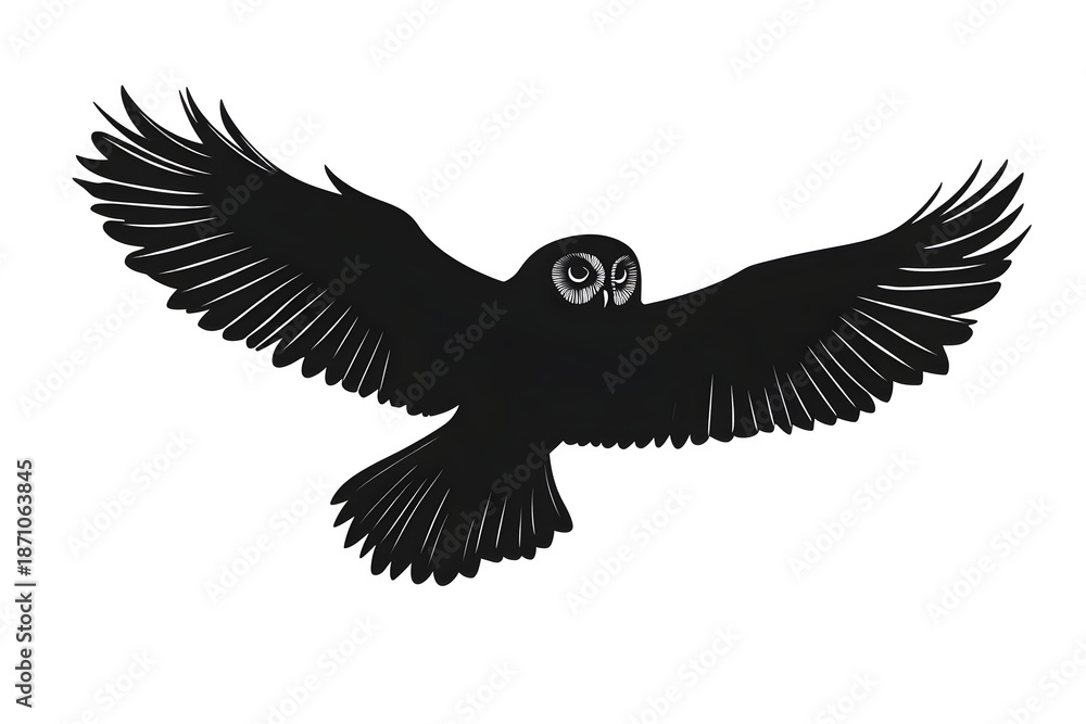 Fototapeta premium Night Flyer: A majestic owl with widespread wings is gliding through the sky, its silhouette against the moon. Evoking the mystery and grace of the nocturnal creature