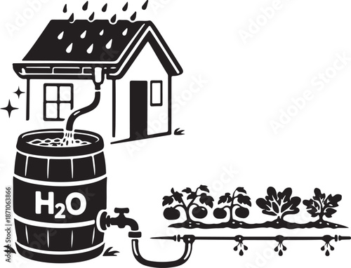 Rainwater harvesting system for garden irrigation isolated on white background, Vector, illustration