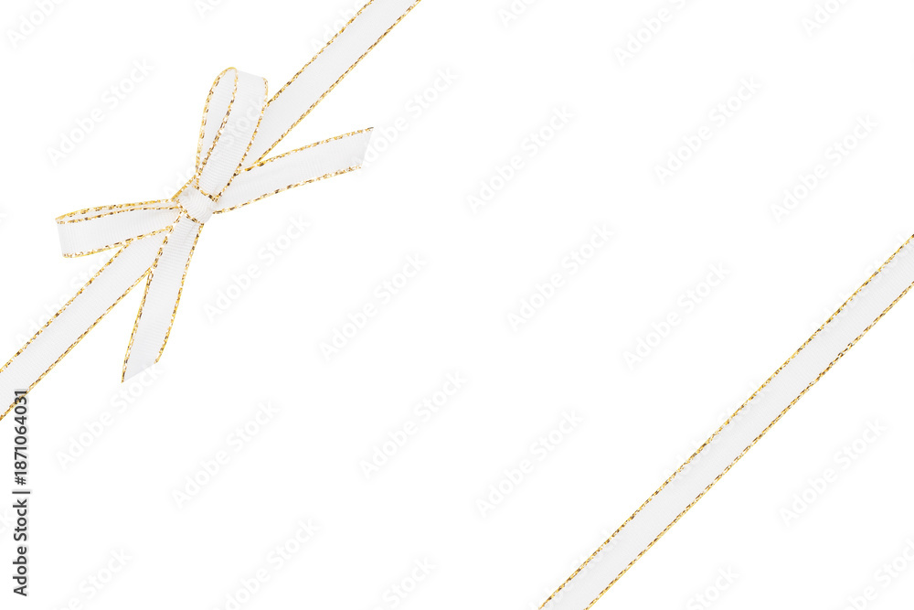 Fototapeta premium White and Gold Bow Ribbon in Corner Isolated on White and Png Transparent Background