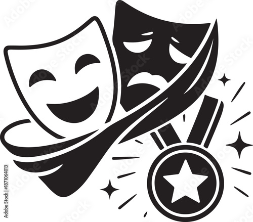 Theater masks with medal isolated on white background, Vector, illustration