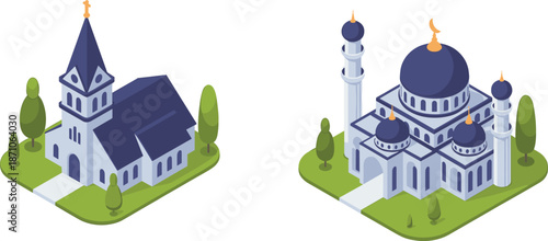 Isometric Vector Illustration of Christian Church and Islamic Mosque Buildings with Trees on Green Grass Landscape Design flat vector illustration
