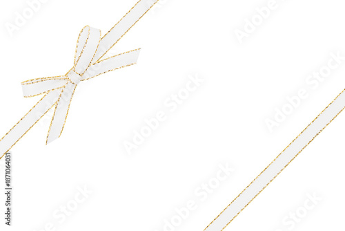 White and Gold Bow Ribbon in Corner Isolated on White and Png Transparent Background
