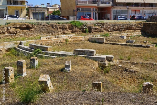 View of the ancient Agora (Market) of Argos, in the Peloponnese in Greece. Ruins of the heroes monument (Heroon)