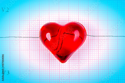 Foto Red Heart on Cardiogram Pulse Trace Concept, Macro, Shallow DOF