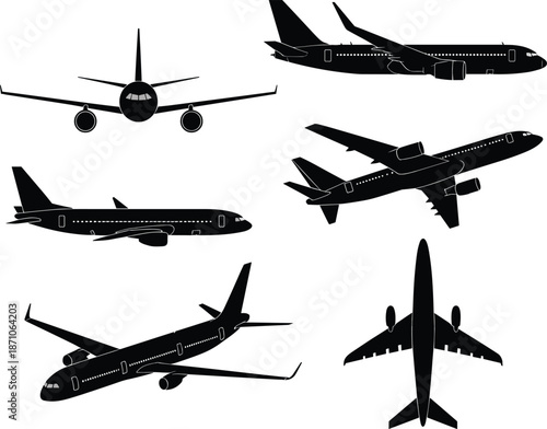 Commercial airplane silhouette collection, vector aircraft shapes, jetliner side view, front view, top view, airplane clipart for aviation design