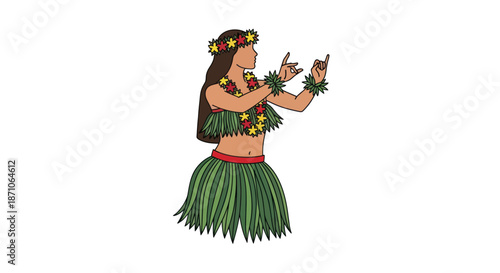 An illustrated Hawaiian hula dancer in a traditional grass skirt and flower lei.