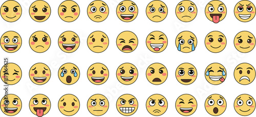 Emoji facial expression icons set illustrating emotions, feelings, reactions, moods, and expressive cartoon faces for social media, messaging, and digital communication concepts