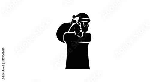 Silhouette of Santa Claus descending a chimney with a sack of gifts.