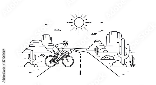 Cyclist Riding Bicycle on Desert Road Under Sunny Sky.