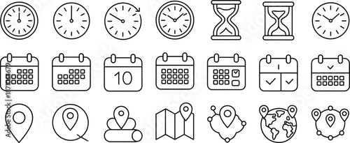Comprehensive Collection of Time and Location Icons for Efficient Scheduling, Navigation, Productivity, and Digital Interface Design - Perfect for Adobe Stock SEO Optimization flat vector illustration