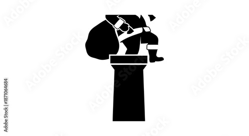 Black silhouette of Santa Claus with a gift sack entering a rooftop chimney.