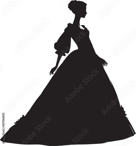 A striking black silhouette of a woman dressed in an elegant 1800s gown, evoking vintage fashion and historical style.