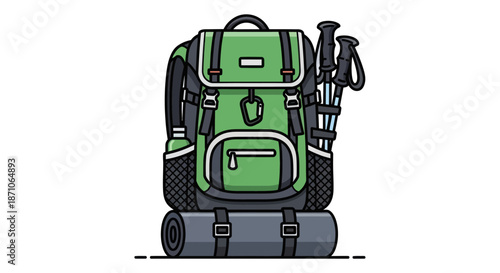 Green hiking backpack with trekking poles and a rolled sleeping mat attached.