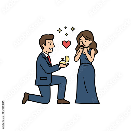 Illustration of a romantic marriage proposal with a surprised woman and kneeling man.