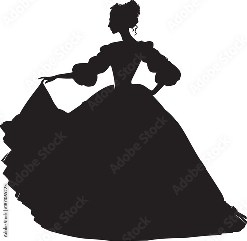 A classic black silhouette of a woman in an elegant 1800s historical gown, gracefully holding up her voluminous skirt.