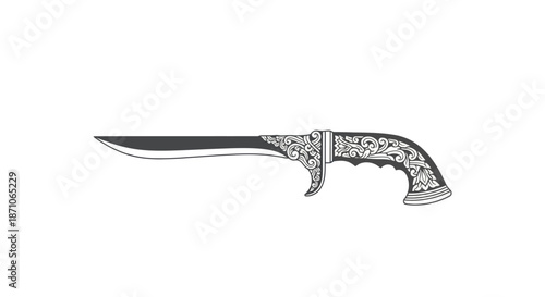 Ornate Hunting Knife Illustration with Decorative Handle.