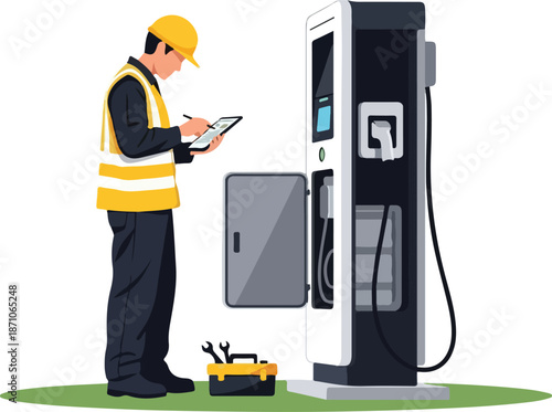 Electric Vehicle Charging Station Maintenance Technician Working.