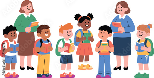 "Happy diverse elementary school children and female teachers holding books, smiling together, education teamwork, back to school, learning fun concept"

flat vector illustration