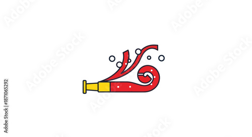 Red and Gold Party Horn with Streamer and Bubbles Celebration Icon.