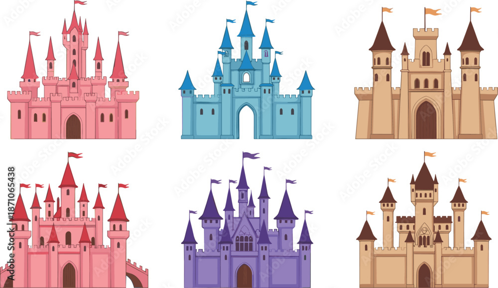 Fototapeta premium Fantasy castle icons set featuring colorful medieval fortresses, fairy tale kingdom buildings, storybook architecture, and royal palace illustrations for games and children designs