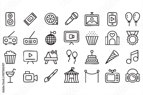 Entertainment Media Line Icons for Video Platforms, Music Streaming Interfaces
