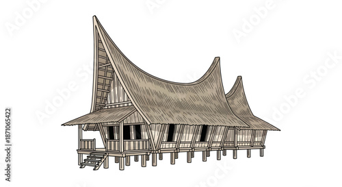 Traditional Indonesian Minangkabau House with Distinctive Rooflines.