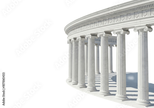 majestic, curved colonnade with fluted ionic columns of luminous white carrara marble and classical relief carvings, rendered in a transparent studio for copy space. concept of architectural purity