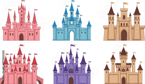 Fantasy castle icons set featuring colorful medieval fortresses, fairy tale kingdom buildings, storybook architecture, and royal palace illustrations for games and children designs