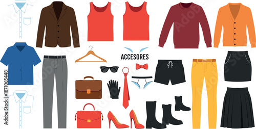 Fashion wardrobe and clothing icons set illustrating men and women apparel, accessories, outfits, shoes, bags, and stylish everyday fashion combinations