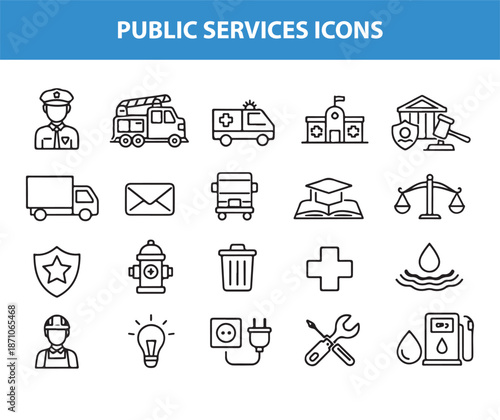 Public Services Icons Set: Police, Ambulance, Hospital, Court, Mail, School, Safety and Utilities Illustrations