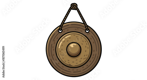 A traditional Asian hanging gong a circular bronze percussion instrument illustrated in a cartoon style.