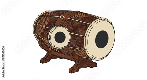 Traditional Indian Dholak hand drum with a carved wooden body and two heads.