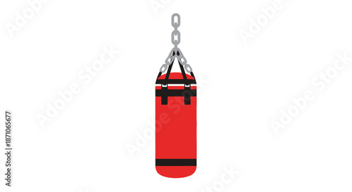 Red heavy punching bag with black straps hanging from a metal chain.