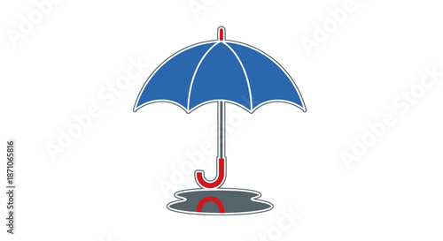Blue Umbrella with Red Handle Standing in a Puddle.
