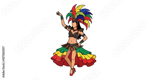 Vibrant Carnival Dancer in Colorful Feather Costume Illustration.