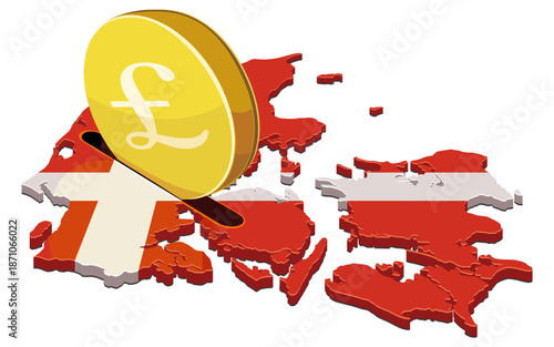 A large gold pound coin being inserted into a slot on a map of Denmark with its national flag colors. Concept for investment, economy, or financial savings in Denmark. (cut out)