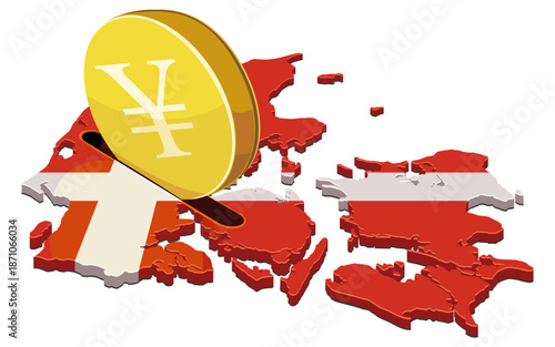 A large gold yen coin being inserted into a slot on a map of Denmark with its national flag colors. Concept for investment, economy, or financial savings in Denmark. (cut out)