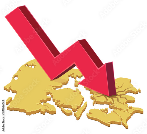 A red downward arrow crashing into a yellos map of Denmark, creating cracks. Symbolizes economic crisis, recession, or market crash in the country. (cut out)