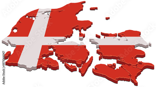 Map of Denmark painted with the national white and red flag colors. Perspective view of the country's borders. (cut out)