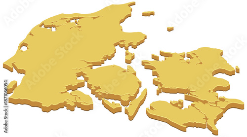 3D map of Denmark in a solid yellow color. Perspective view of the country's borders. (cut out)