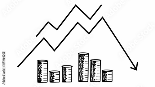 Financial graph showing decline with stacked coins in the foreground