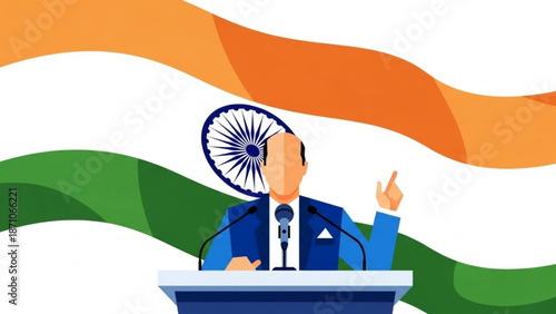 Indian politician giving a speech in front of the indian flag with a wheel symbol on a podium with microphones with leadership and politics and national