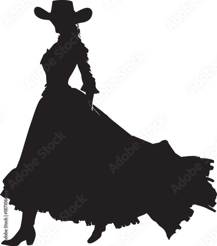 Silhouette of an elegant woman in 1800s cowboy fashion, featuring a stylish hat and a flowing, period-appropriate dress.