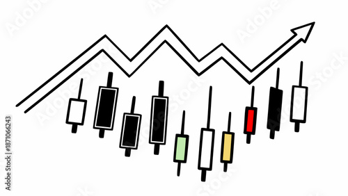 A simple line graph with a rising trend and candlestick chart elements displayed on a white background