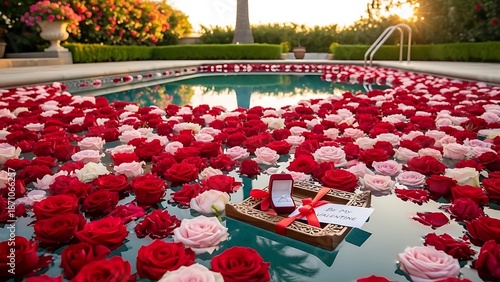 swimming pool decorated with roses for happy valentines day