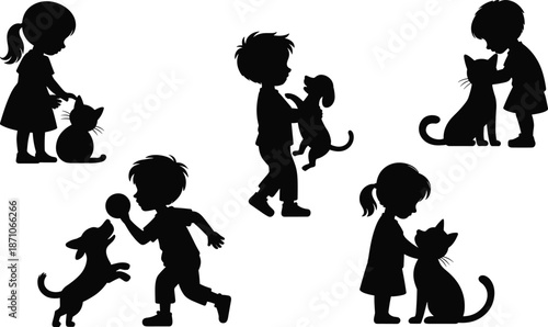 Silhouette of children playing with pets, boys and girls with dog and cat, animal friendship, kid pet love concept art flat vector illustration