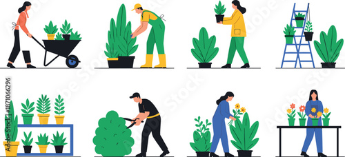 Gardening and plant care activity icons set illustrating people planting, watering, pruning, and arranging houseplants for home garden, landscaping, and horticulture concepts