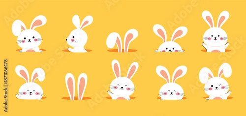 A flat vector illustration set featuring ten cute white rabbits in various poses peeking out from holes on a solid yellow background.