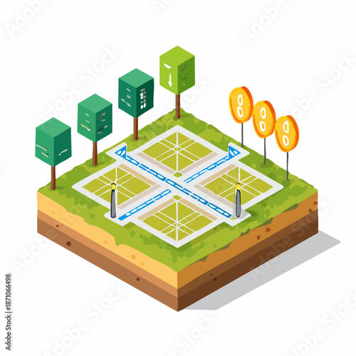 Isometric Digital Metaverse Land Plots with Cryptocurrency Icons.