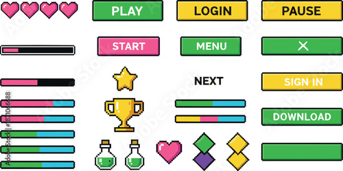 Game user interface elements icons set featuring buttons, progress bars, hearts, trophies, potions, and menu controls for mobile and arcade game design